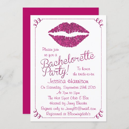 Hot Pink Lips Glitter Effect Bachelorette Party Invitation