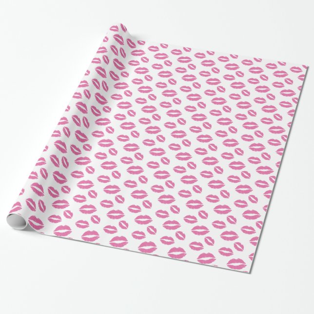 Hot Pink Lips Kiss Pattern Wrapping Paper (Unrolled)