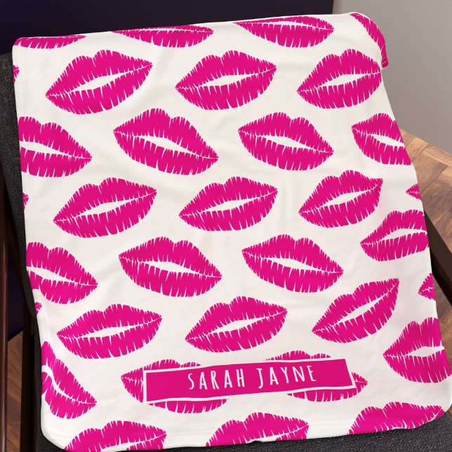 Hot Pink Lips Lipstick Kiss Pattern Fleece Blanket (Pink lipstick pattern fleece blanket with space for your name!)