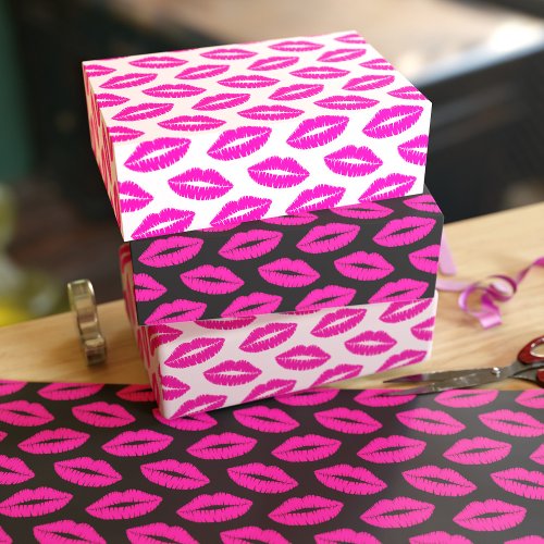 Hot Pink Lips Lipstick Kisses Pattern Trio Wrapping Paper Sheets
