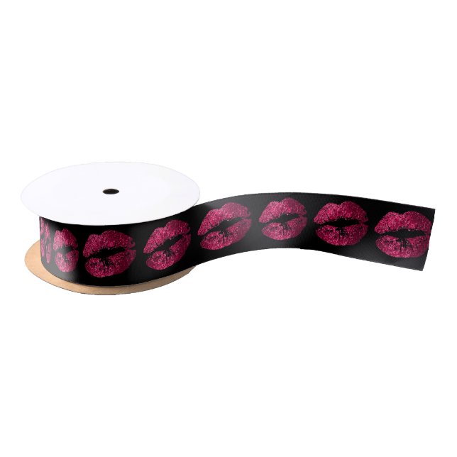 Hot Pink Lips on Black Satin Ribbon (Spool)