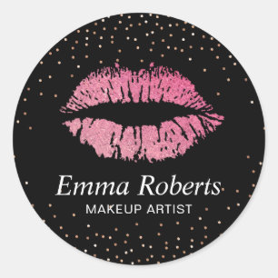 Hot Pink Lips Rose Gold Confetti Makeup Artist Classic Round Sticker