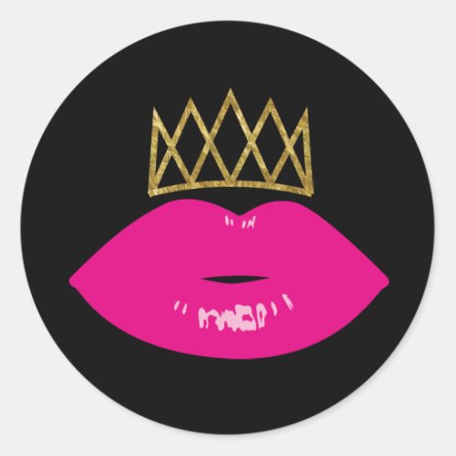 Hot Pink Lips Royal Gold Crown Modern Black Classic Round Sticker