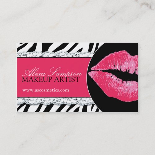 Hot  Pink Lips + Zebra Print Business Cards