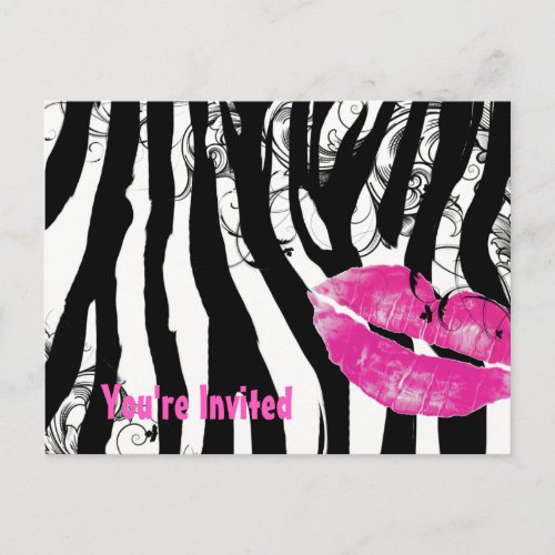 Hot Pink Lips Zebra Print Floral Swirls Invites