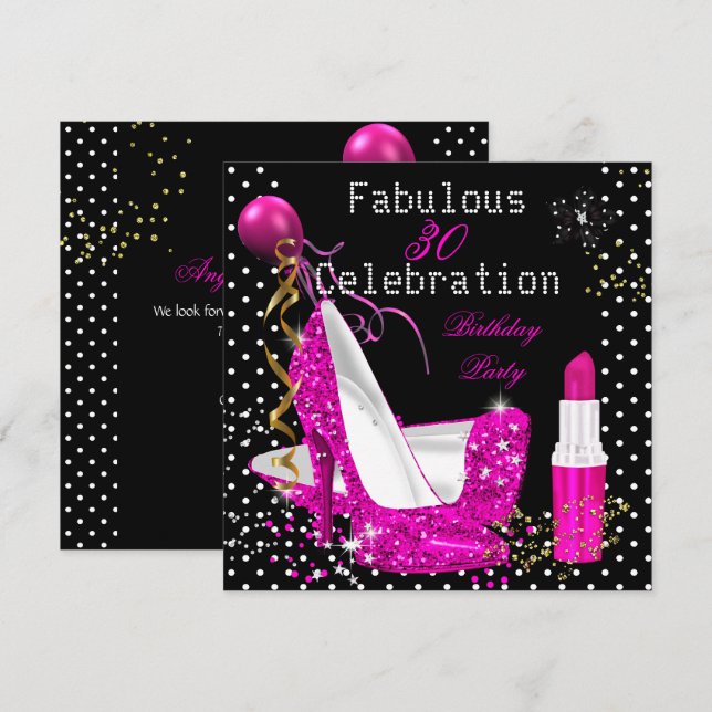 Hot Pink Lipstick Glitter Heels Polka Dot Birthday Invitation (Front/Back)