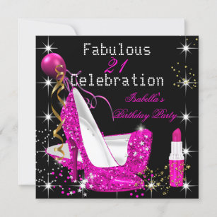 Hot Pink Lipstick Glitter High Heels Birthday Invitation