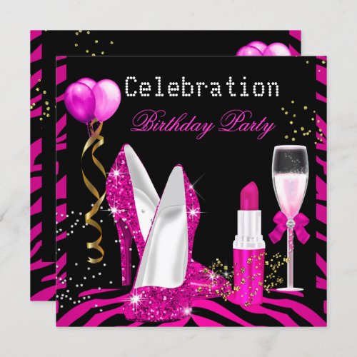 Hot Pink Lipstick Glitter Zebra Birthday Party Invitation