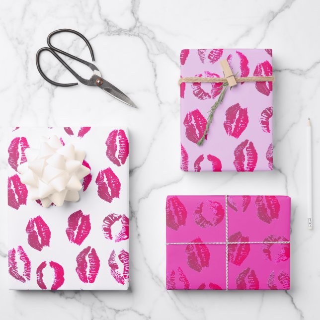 Hot Pink Lipstick Kisses Valentine's Day Wrapping Paper Sheets (Front)