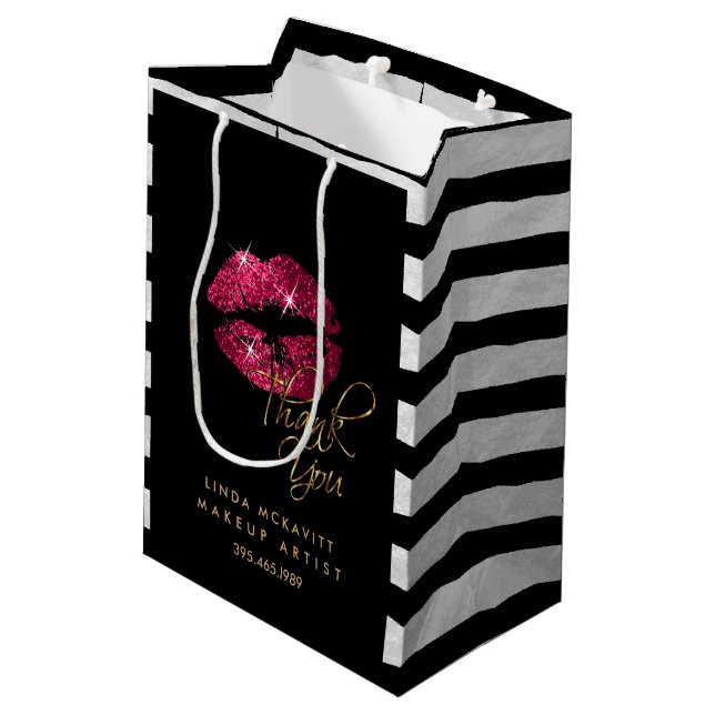 Hot Pink Lipstick & White Stripes - Thank You Medium Gift Bag (Back Angled)