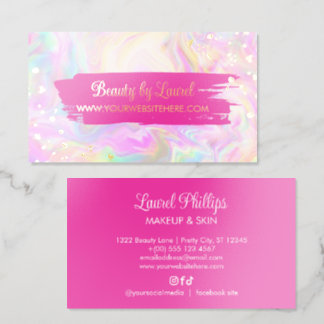 Hot Pink Liquid Iridescent Marble Gold Flecks Foil Business Cards