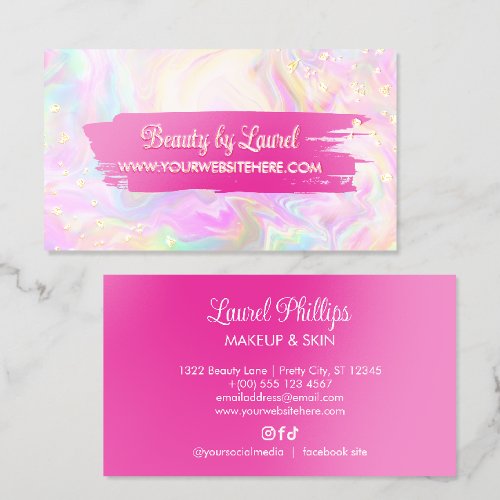 Hot Pink Liquid Iridescent Marble Gold Flecks Foil Business Cards