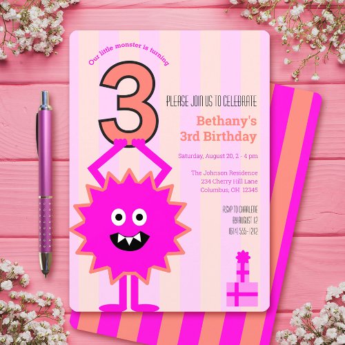 Hot Pink Little Monster 3rd Girl Birthday Stripes Invitation