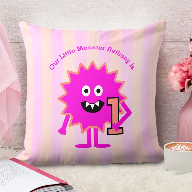 Hot Pink Little Monster Girl 1st Birthday Stripes Throw Pillow (Creator Uploaded)