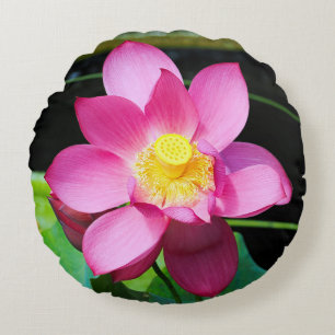 Hot Pink Lotus Flower Round Pillow