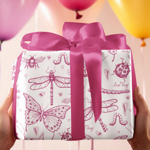 Hot Pink Love Bug Insect Illustration Pattern Wrapping Paper Sheets