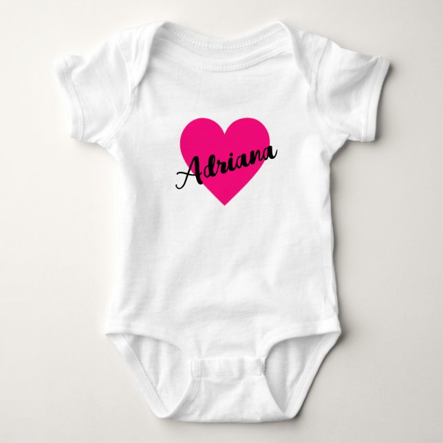 Hot Pink Love Heart Custom Name Baby Bodysuit (Front)