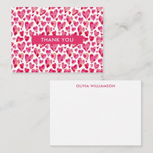 Hot Pink Love Heart Thank You Note Card (Front/Back)