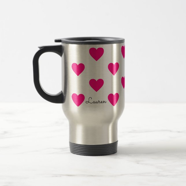 Hot Pink love heart Travel Mug (Left)