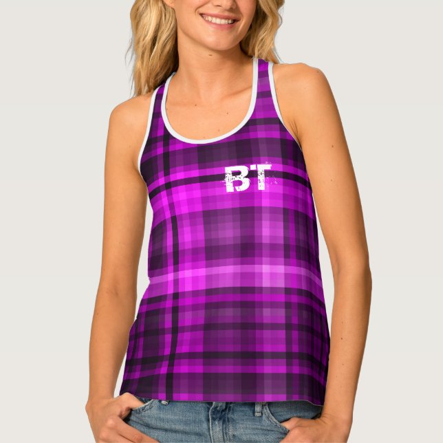 Hot Pink Madras Pattern Customized Grunge Monogram Tank Top (Front)