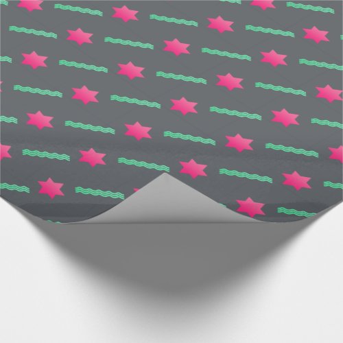 Hot Pink Magen David Mint Streamers on Dark Gray Wrapping Paper