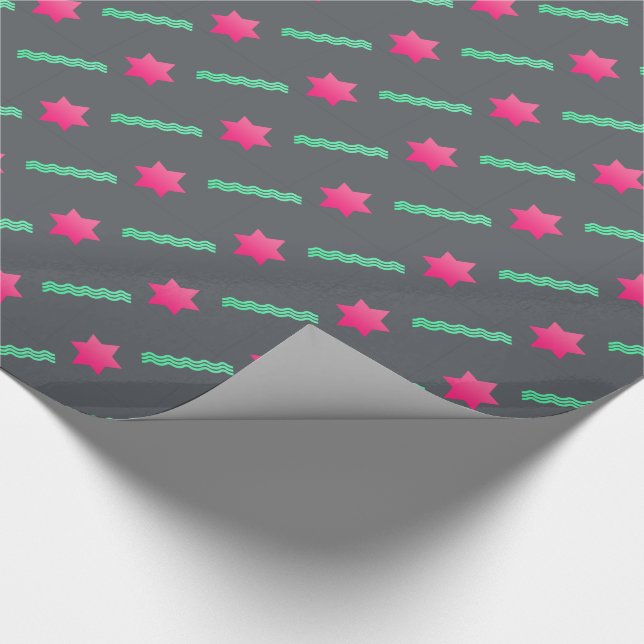 Hot Pink Magen David, Mint Streamers on Dark Gray Wrapping Paper (Corner)