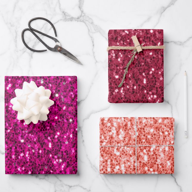 Hot pink magenta and coral sparkles faux glitter wrapping paper sheets (Front)