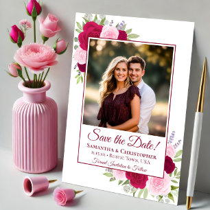 Hot Pink Magenta & Blush Boho Roses Photo Wedding Save The Date