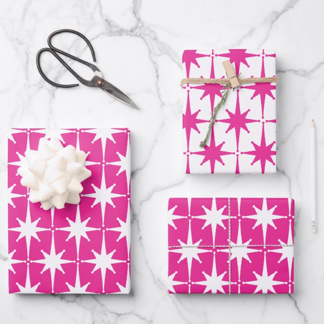 Hot Pink Magenta Bright Retro Starburst Pattern Wrapping Paper Sheets (Front)