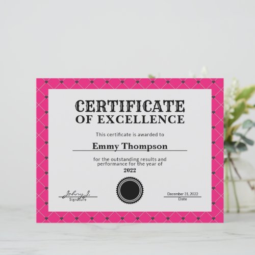 Hot Pink Magenta Company Award Certificate