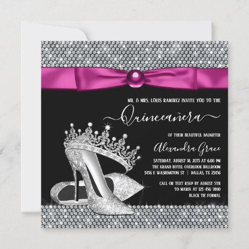 Hot Pink Magenta Diamond Tiara Shoe Quinceanera Invitation