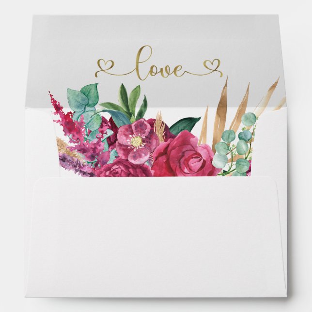 Hot Pink Magenta Floral Elegant Gold Script Hearts Envelope (Back (Bottom))