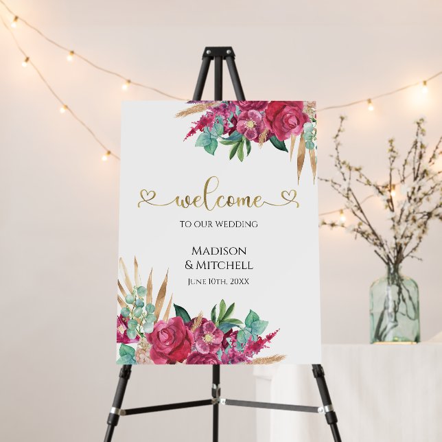 Hot Pink Magenta Floral Elegant Gold Script Hearts Foam Board (In Situ (Stand))