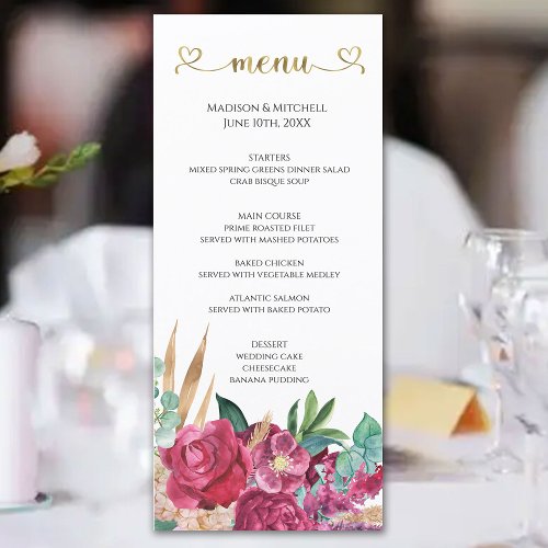 Hot Pink Magenta Floral Elegant Gold Script Hearts Menu