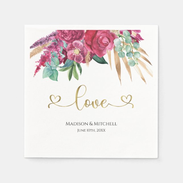 Hot Pink Magenta Floral Elegant Gold Script Hearts Napkins (Front)