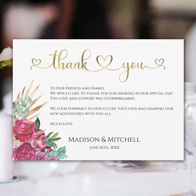 Hot Pink Magenta Floral Elegant Gold Script Hearts Thank You Card (Creator Uploaded)