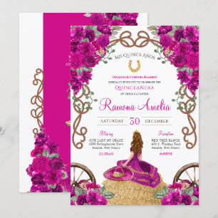 Hot Pink Magenta Floral Western Charro Quinceanera Invitation