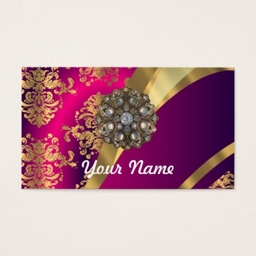 Hot pink Magenta &amp; gold damask Business Card Template