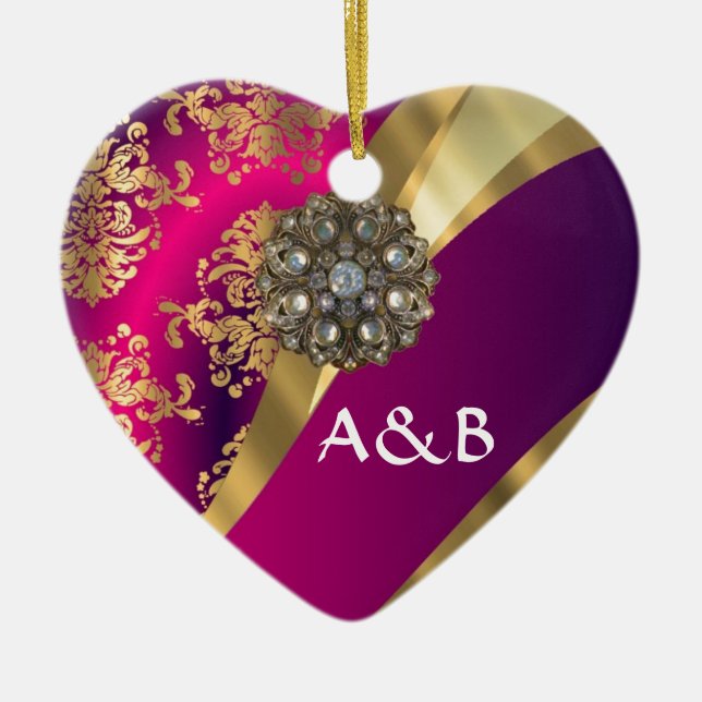 Hot pink Magenta & gold damask Ceramic Ornament (Front)