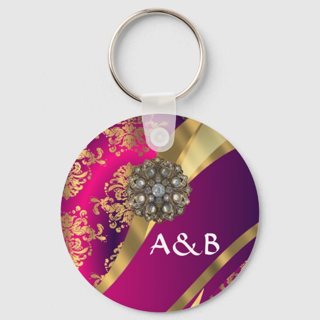 Hot pink Magenta & gold damask Keychain (Front)