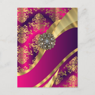 Hot pink Magenta & gold damask Postcard