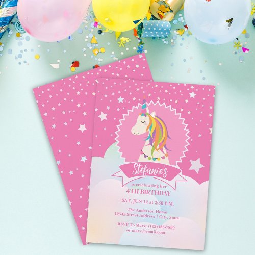 Hot Pink Magical Rainbow Unicorn Girl Birthday Invitation