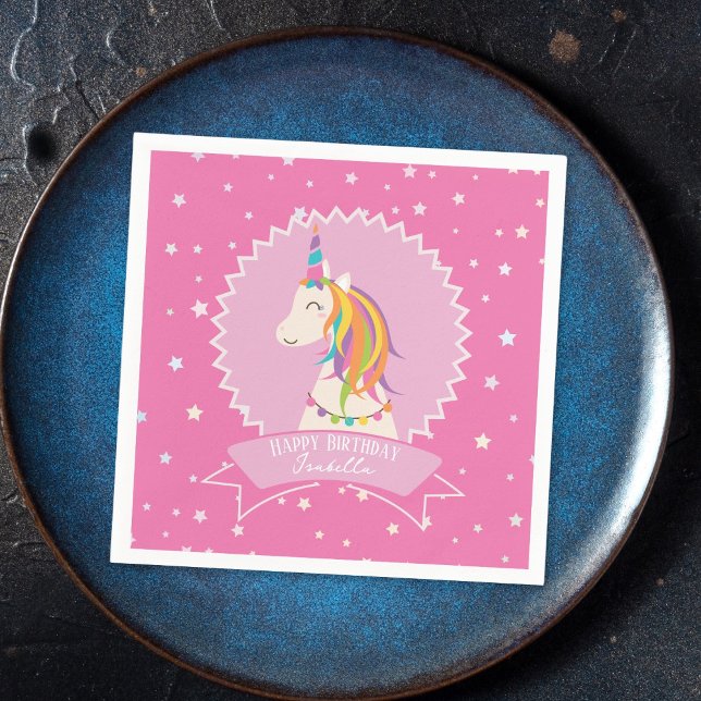 Hot Pink Magical Rainbow Unicorn Girl Birthday Napkins (Creator Uploaded)