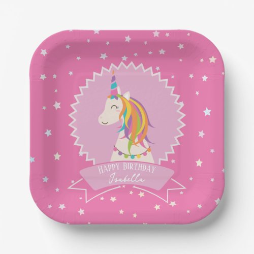 Hot Pink Magical Rainbow Unicorn Girl Birthday Paper Plates