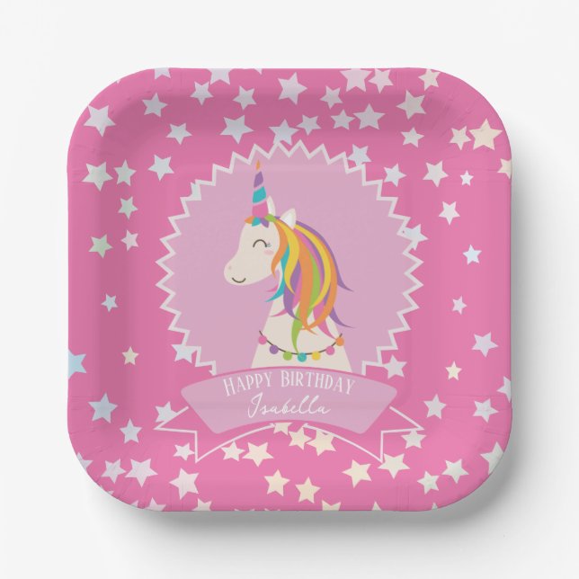 Hot Pink Magical Rainbow Unicorn Girl Birthday Paper Plates (Front)