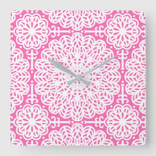 Hot Pink Mandala Lace Boho Square Wall Clock