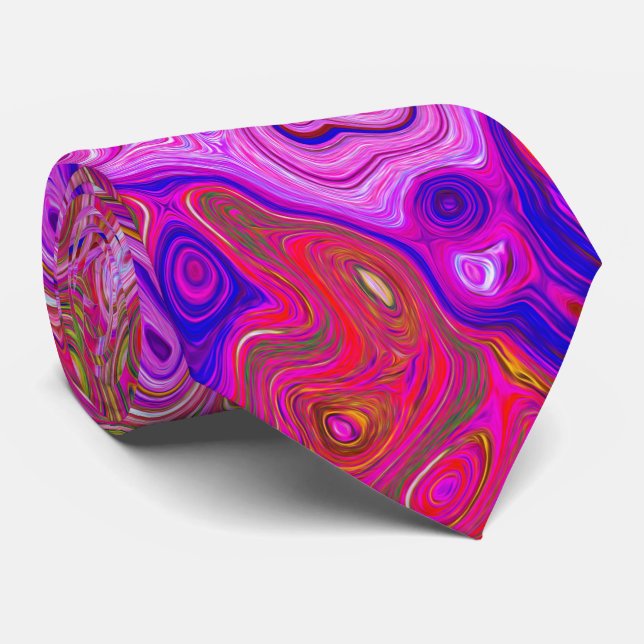 Hot Pink Marbled Colors Abstract Retro Swirl Neck Tie (Rolled)