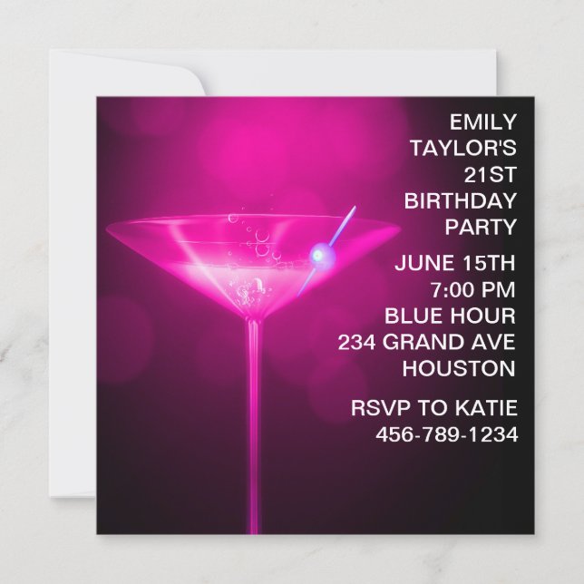 Hot Pink Martini Womans Hot Pink 21st Birthday Invitation (Front)