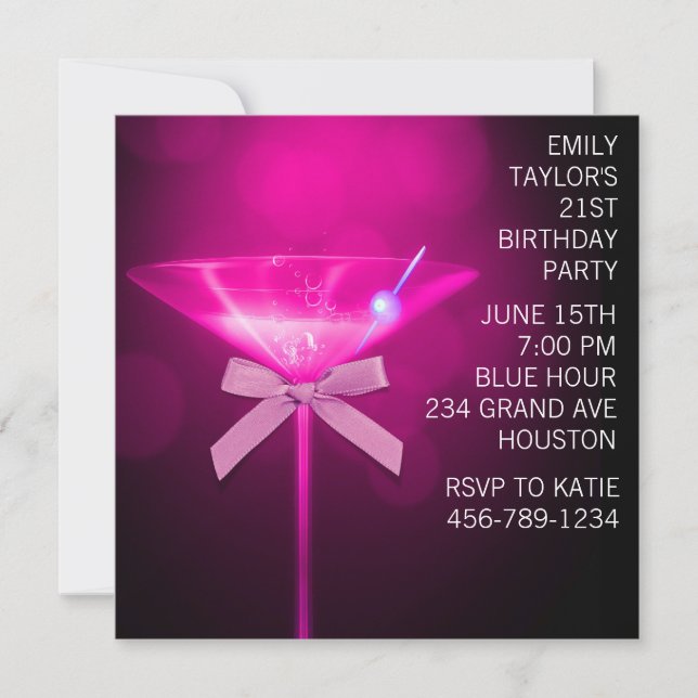 Hot Pink Martini Womans Hot Pink 21st Birthday Invitation (Front)