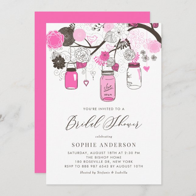 Hot Pink Mason Jars Bridal Shower Invitation (Front/Back)